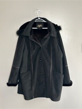 Novelti Women's Black Faux-Suede Pea Coat with Fur Trim, 3X junior